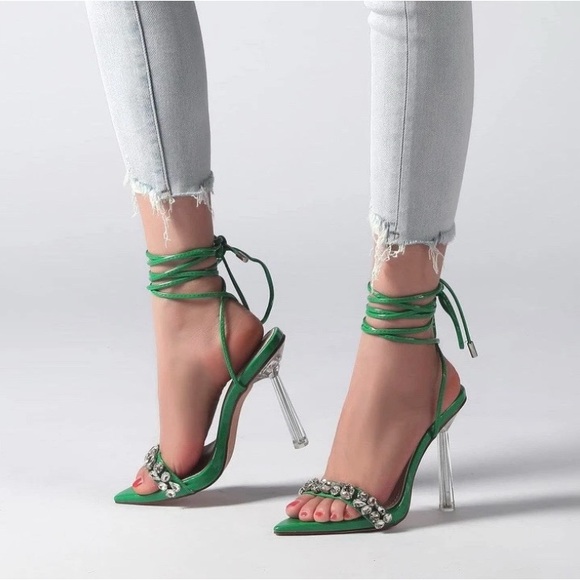 vivianly Strappy Stiletto Clear High Heels Rhinestone Woman's Size: 7 Green - Picture 2 of 9